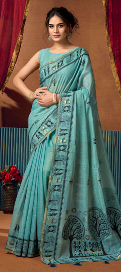 Blue color Saree in Cotton fabric with Printed work