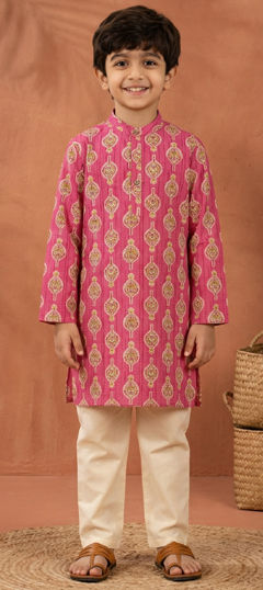 Pink and Majenta color Boys Kurta Pyjama in Cotton fabric with Floral, Printed work