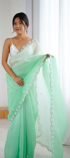 Green color Saree in Chiffon, Crushed Silk fabric with Moti, Sequence work