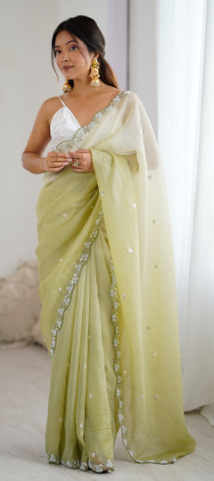Green color Saree in Chiffon, Crushed Silk fabric with Moti, Sequence work