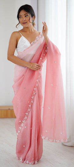 Pink and Majenta color Saree in Chiffon, Crushed Silk fabric with Moti, Sequence work