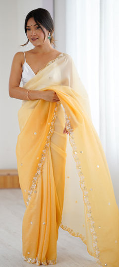 Yellow color Saree in Chiffon, Crushed Silk fabric with Moti, Sequence work
