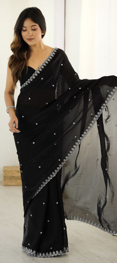 Black and Grey color Saree in Satin Silk fabric with Embroidered, Sequence work