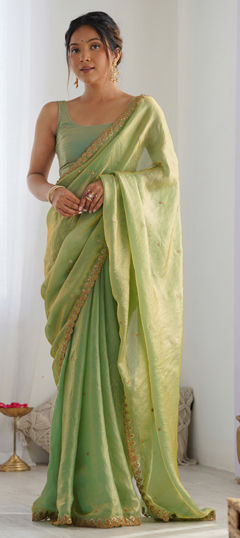 Green color Saree in Satin Silk fabric with Embroidered, Sequence work