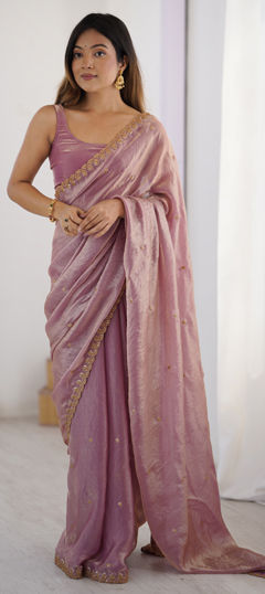 Pink and Majenta color Saree in Satin Silk fabric with Embroidered, Sequence work