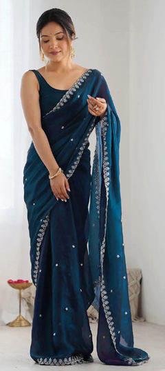 Blue color Saree in Satin Silk fabric with Embroidered, Sequence work