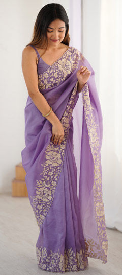 Purple and Violet color Saree in Crushed Silk fabric with Embroidered work