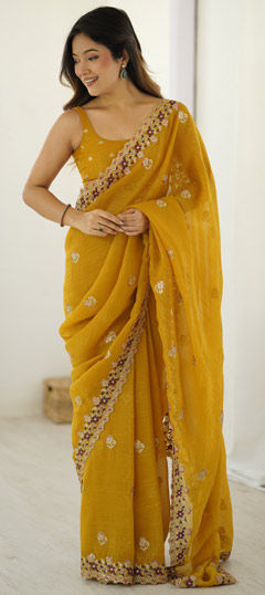Yellow color Saree in Crushed Silk fabric with Embroidered, Sequence work