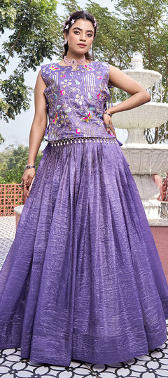 Purple and Violet color Long Lehenga Choli in Crushed Silk fabric with Embroidered, Sequence, Thread work