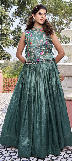 Green color Long Lehenga Choli in Crushed Silk fabric with Embroidered, Sequence, Thread work