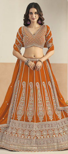 Beige and Brown color Lehenga in Faux Georgette fabric with Embroidered, Sequence work