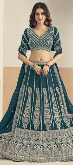 Green color Lehenga in Faux Georgette fabric with Embroidered, Sequence work