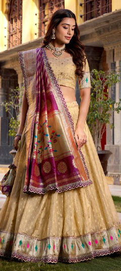 White and Off White color Lehenga in Organza Silk, Shimmer fabric with Weaving, Zari work