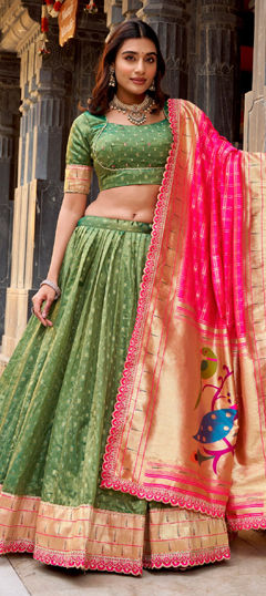 Green color Lehenga in Organza Silk, Shimmer fabric with Weaving, Zari work