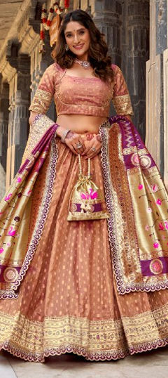 Pink and Majenta color Lehenga in Organza Silk, Shimmer fabric with Weaving, Zari work