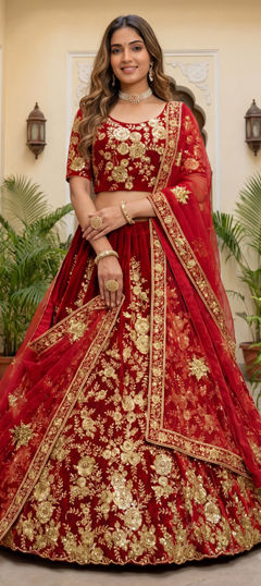 Red and Maroon color Lehenga in Velvet fabric with Embroidered, Sequence, Thread, Zari work