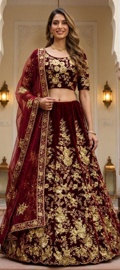 Red and Maroon color Lehenga in Velvet fabric with Embroidered, Sequence, Thread, Zari work