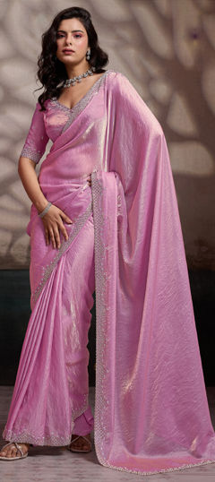 Pink and Majenta color Saree in Satin, Velvet fabric with Cut Dana, Zircon work