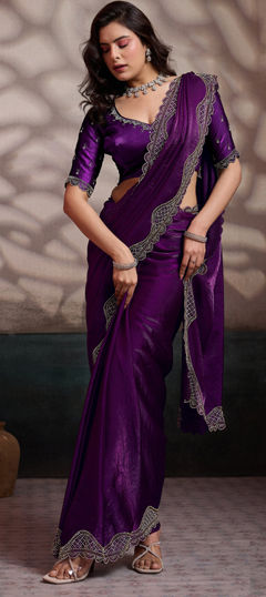 Purple and Violet color Saree in Satin, Velvet fabric with Cut Dana, Zircon work