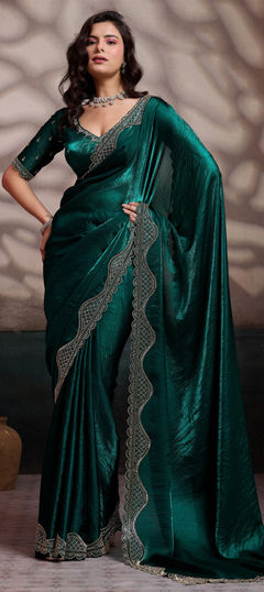 Green color Saree in Satin, Velvet fabric with Cut Dana, Zircon work