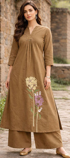 Beige and Brown color Salwar Kameez in Cotton fabric with Thread work