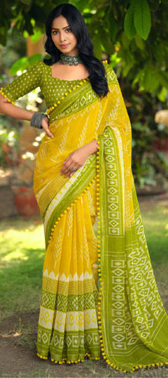 Green, Yellow color Saree in Mul Cotton fabric with Printed work