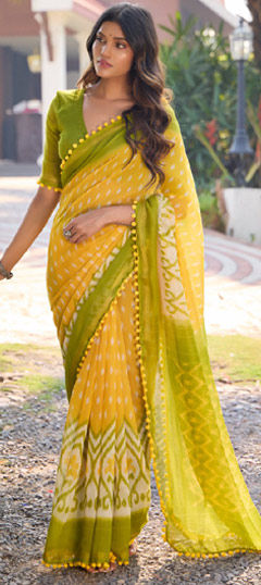Green, Yellow color Saree in Mul Cotton fabric with Printed work