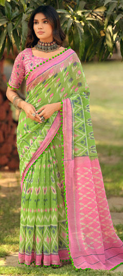Green, Pink and Majenta color Saree in Mul Cotton fabric with Printed work