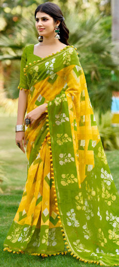 Green, Yellow color Saree in Mul Cotton fabric with Printed work