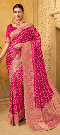 Pink and Majenta color Readymade Saree in Georgette fabric with Embroidered, Resham, Thread work