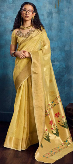 Yellow color Saree in Tissue fabric with Weaving, Zari work
