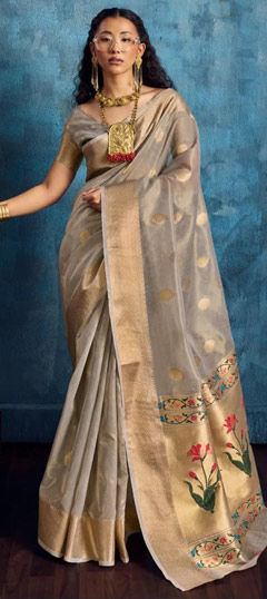 Black and Grey color Saree in Tissue fabric with Weaving, Zari work