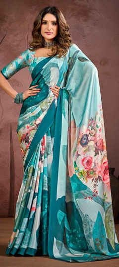 Blue color Saree in Crepe Silk fabric with Digital Print work