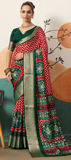 Green, Red and Maroon color Saree in Viscose fabric with Printed work