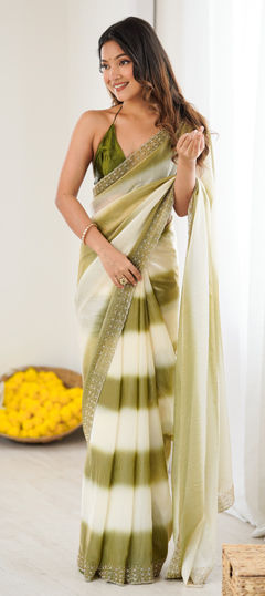 Green color Saree in Satin fabric with Printed, Stone, Zircon work