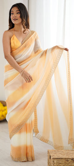 Yellow color Saree in Satin fabric with Printed, Stone, Zircon work