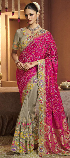 Black and Grey, Pink and Majenta color Saree in Silk fabric with Bandhej, Embroidered, Printed, Sequence, Thread, Weaving work