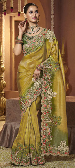 Yellow color Saree in Silk fabric with Embroidered, Sequence, Zari work
