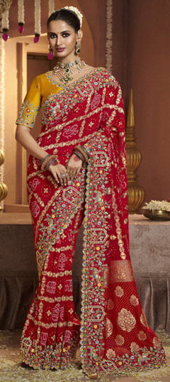Red and Maroon color Saree in Silk fabric with Bandhej, Embroidered, Printed, Sequence, Thread, Weaving work