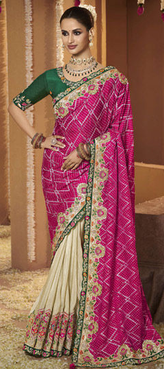 Pink and Majenta, White and Off White color Saree in Silk fabric with Bandhej, Embroidered, Printed, Sequence, Thread, Weaving work