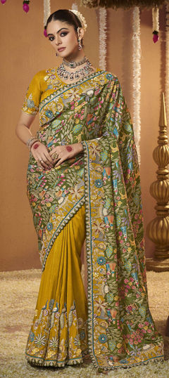 Green, Yellow color Saree in Silk fabric with Embroidered, Lace, Sequence, Zari work