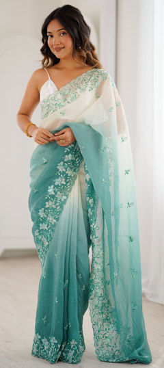 Green color Saree in Crushed Silk fabric with Embroidered, Sequence work