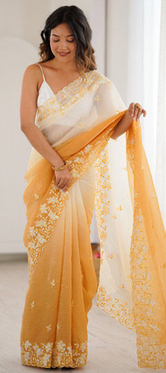 Yellow color Saree in Crushed Silk fabric with Embroidered, Sequence work