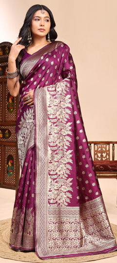 Purple and Violet color Saree in Silk fabric with Weaving work