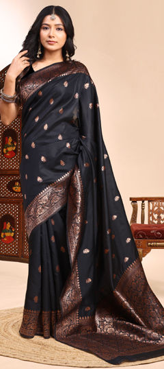 Black and Grey color Saree in Silk fabric with Weaving work