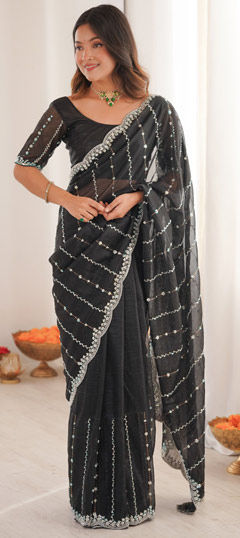 Black and Grey color Saree in Net fabric with Cut Dana, Sequence work
