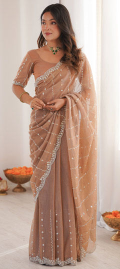 Beige and Brown color Saree in Net fabric with Cut Dana, Sequence work