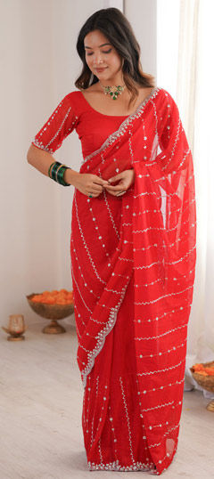 Red and Maroon color Saree in Net fabric with Cut Dana, Sequence work