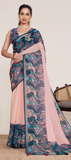 Pink and Majenta color Saree in Linen fabric with Printed work