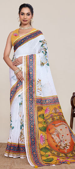 White and Off White color Saree in Linen fabric with Floral, Printed work